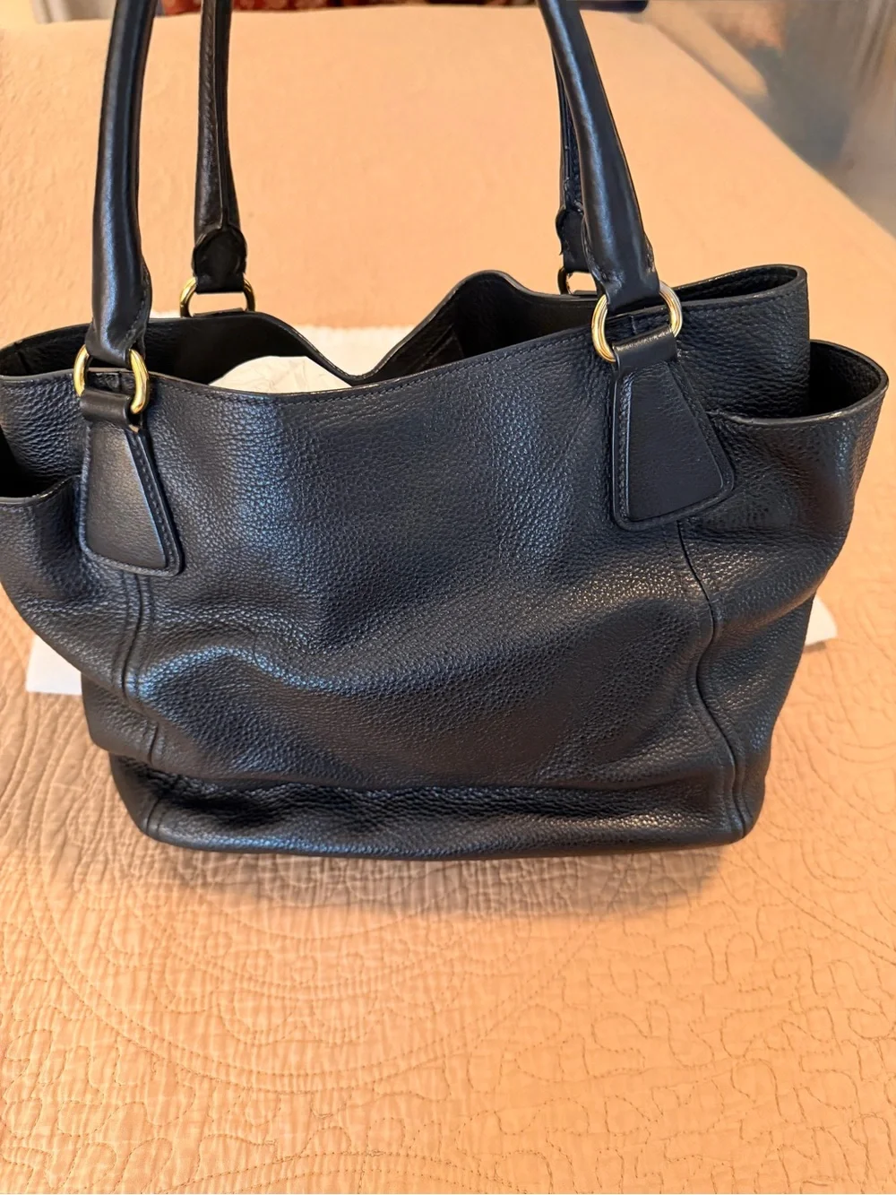 Prada Daino Side Pocket Black Pebbled Leather Tote with Gold Logo